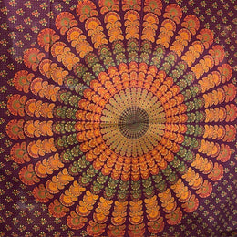 Couvre lit Mandala Violet et Orange - Motif Paon Royal Bohème