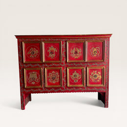 Commode tibétaine bois peint rouge