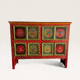 Console bois peint symboles bouddhistes