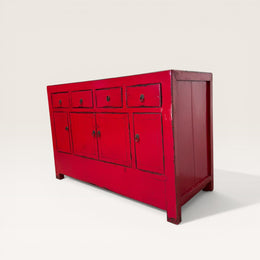 Buffet chinois en orme recyclé, laqué rouge rose
