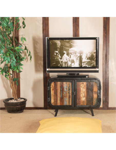 Commode bois et métal recyclé - H 61 x 83 x 40 cm