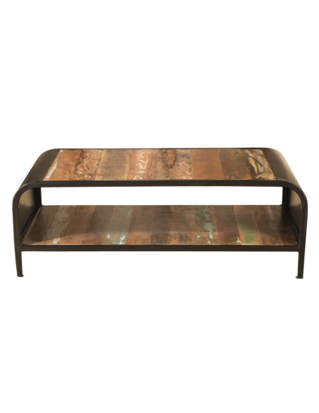 Table basse en bois et métal recyclé - H 35 x 100 x 50 cm