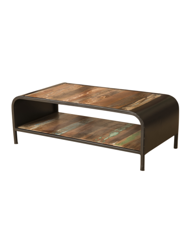 Table basse en bois et métal recyclé - H 35 x 100 x 50 cm