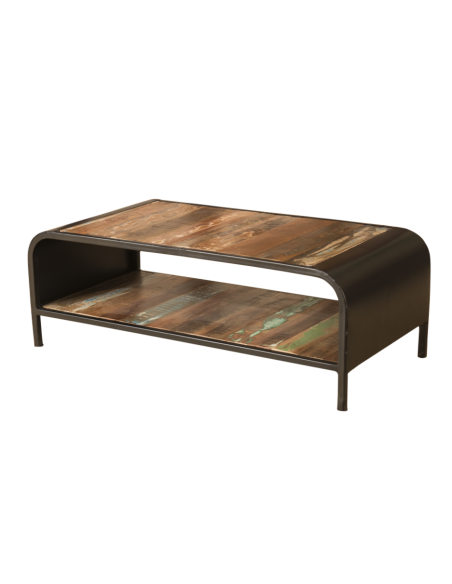 Table basse en bois et métal recyclé - H 35 x 100 x 50 cm