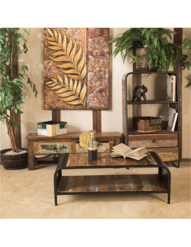 Table basse en bois et métal recyclé - H 35 x 100 x 50 cm