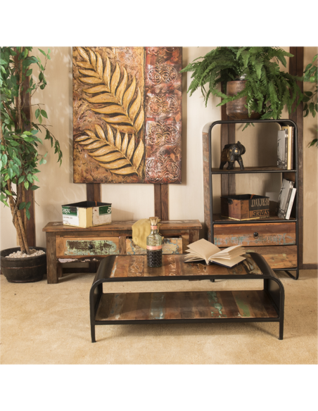 Table basse en bois et métal recyclé - H 35 x 100 x 50 cm