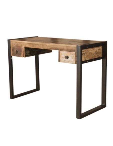 Bureau en bois recyclé à 2 tiroirs - H 77 x 110 x 50
